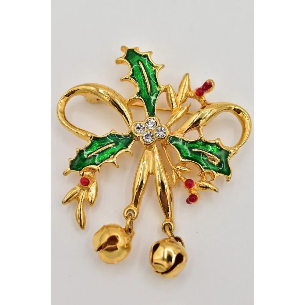 Vintage Christmas Pin Brooch Bell Holly Berry Green Red Enamel Gold 1980s BinAL